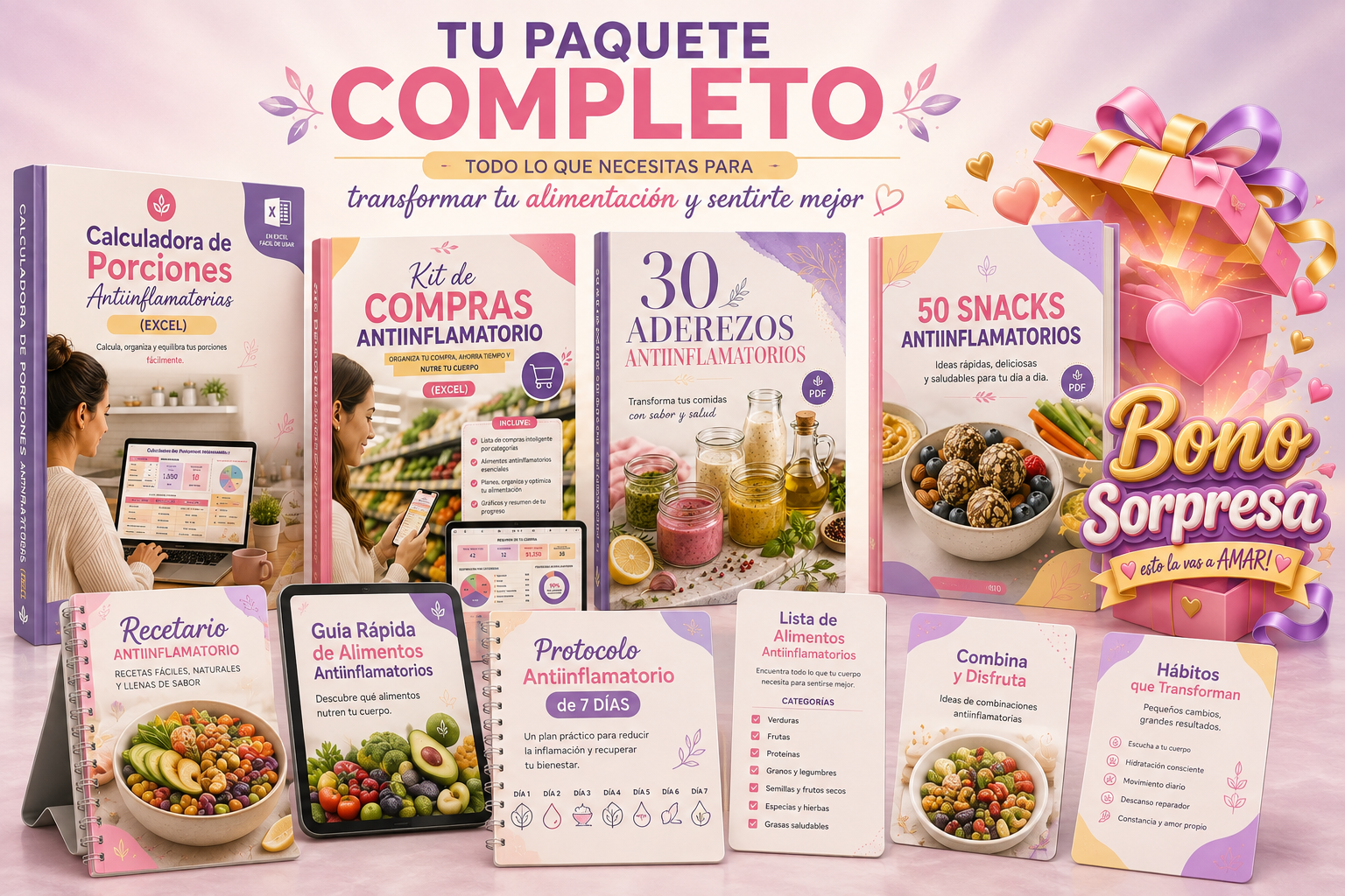 Tu paquete completo: Protocolo Antiinflamatorio de 7 Días con recetario, lista de compras y 5 bonos digitales